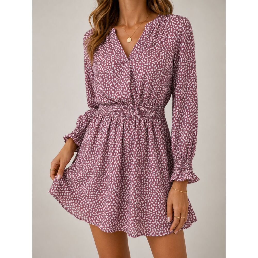 PrettyGarden Pink Polka Dot Mini Dress M Autumn Wedding Guest Smocked Waist